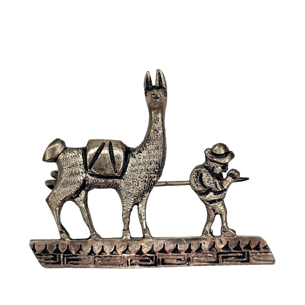 Vintage Silver Tone Llama And Man Brooch Pin Unsigned